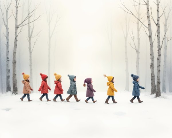 Children in Colorful Winter Coats in Snowy Landscape