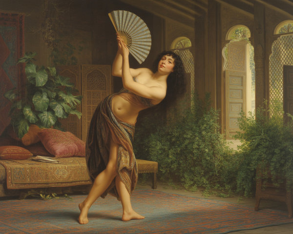 Graceful Dance with Decorative Fan in Lush Setting