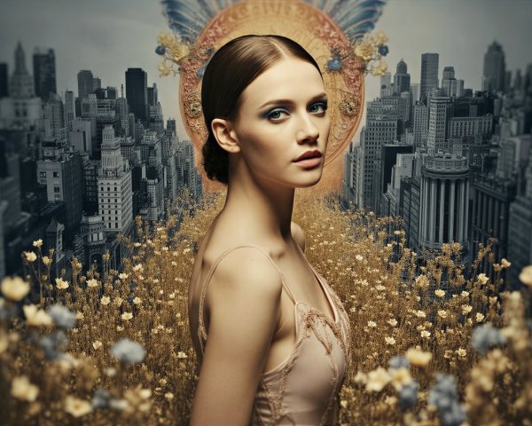 Figure in Golden Field with City Skyline Background