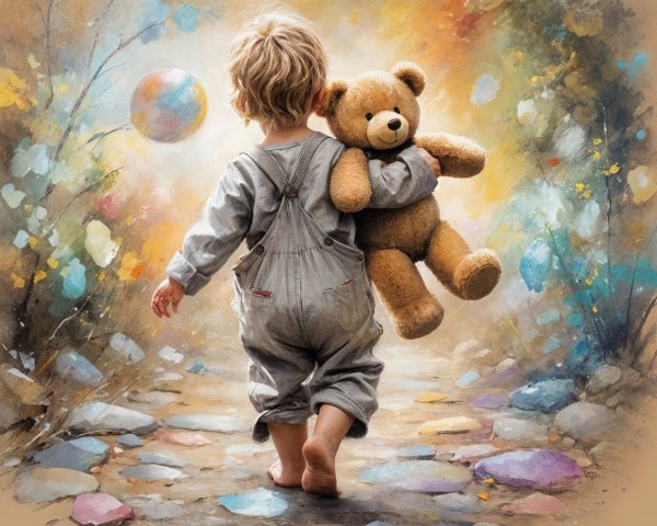 Child in Gray Overalls on Whimsical Colorful Path
