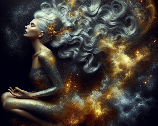 Meditative Figure Against Cosmic Galaxy Background