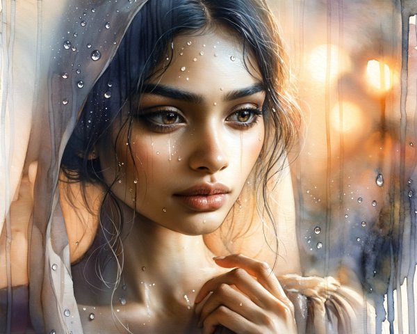 Portrait of a Young Woman with Sheer Veil and Emotion