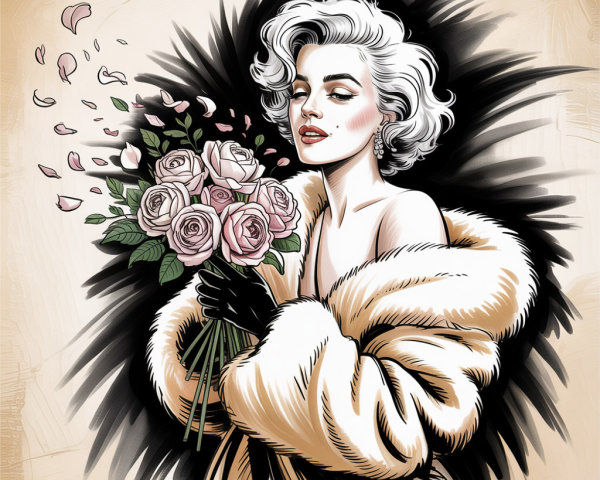 Glamorous Figure in Fur Coat with Pink Roses