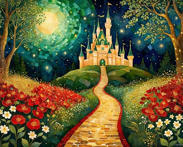 Vibrant Castle Scene Under Starry Night Sky