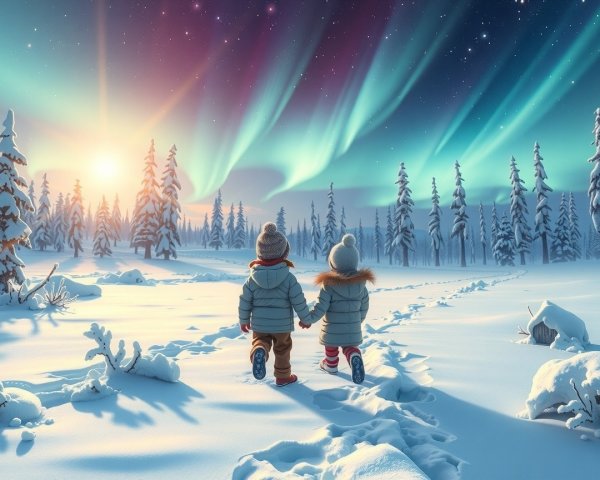 Children Walking in Snowy Landscape with Northern Lights