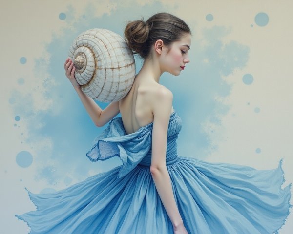 Young Woman in Pale Blue Gown with Seashell