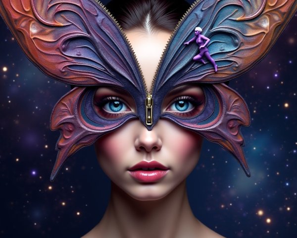 Portrait of a Woman with Butterfly Mask and Cosmic Background