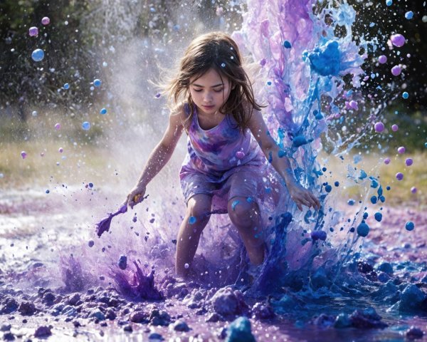 Young girl splashing in vibrant paint puddle outdoors