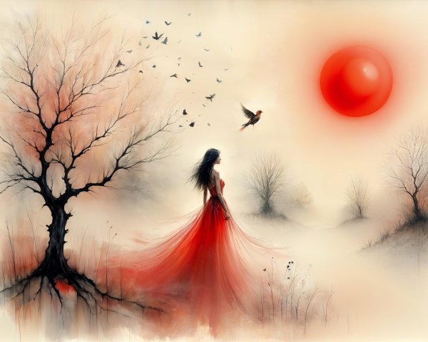 Dreamlike Landscape with Woman in Red Dress