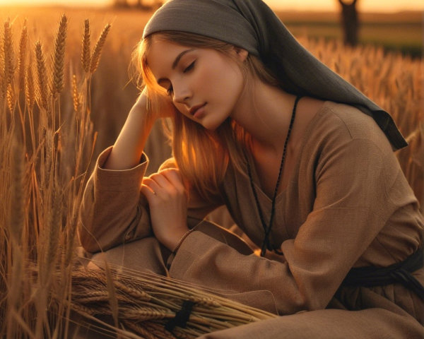 Young Woman in Period Attire in Golden Wheat Fields