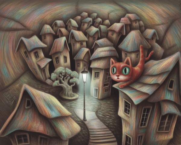 Colorful Townscape with Quirky Houses and Twilight Sky