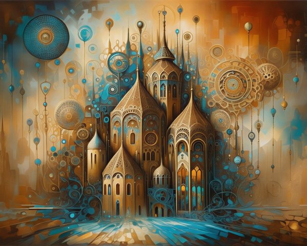 Vibrant Abstract Painting of Intricate Palace Complex