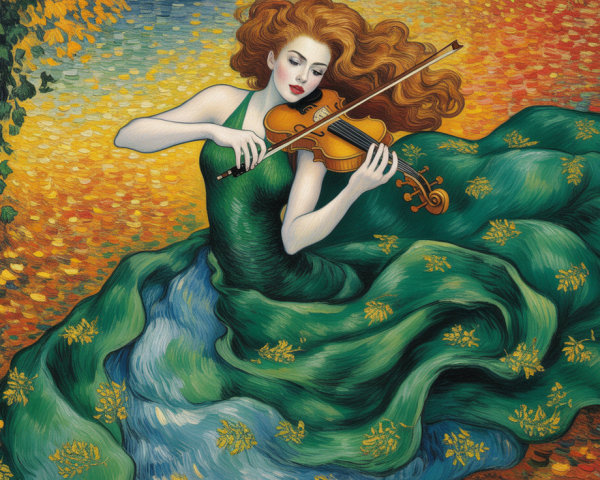 Woman in Green Gown Plays Violin Amid Autumn Leaves