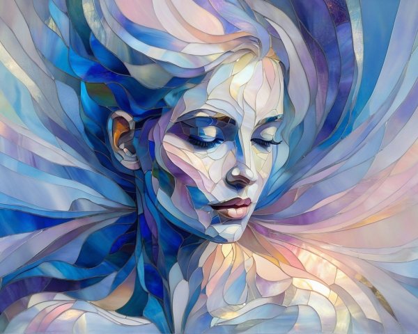 Stained Glass Artwork of a Serene Woman's Bust