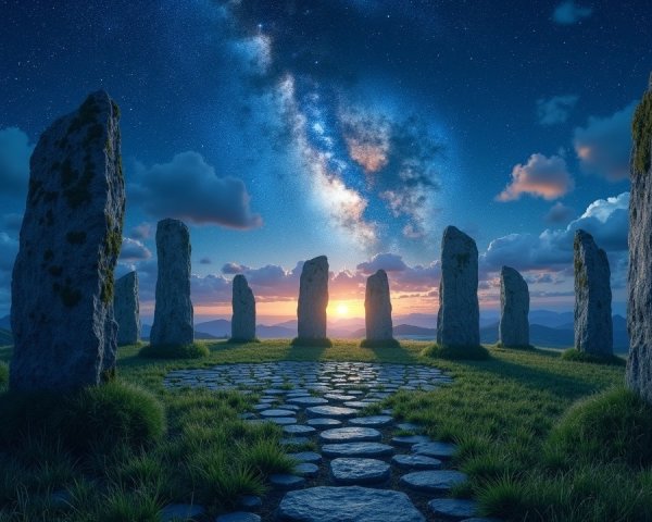 Mystical stone circle under starlit sky and sunset