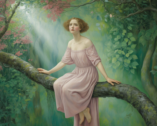 Serene Woman in Pink Gown Amidst Lush Greenery