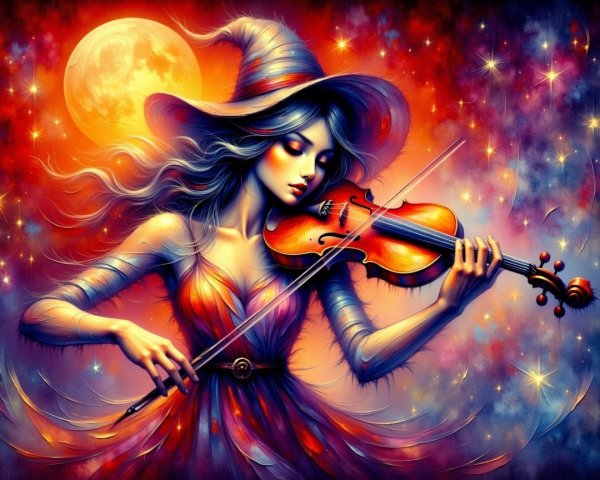 Mystical Woman Playing Violin Under Full Moon