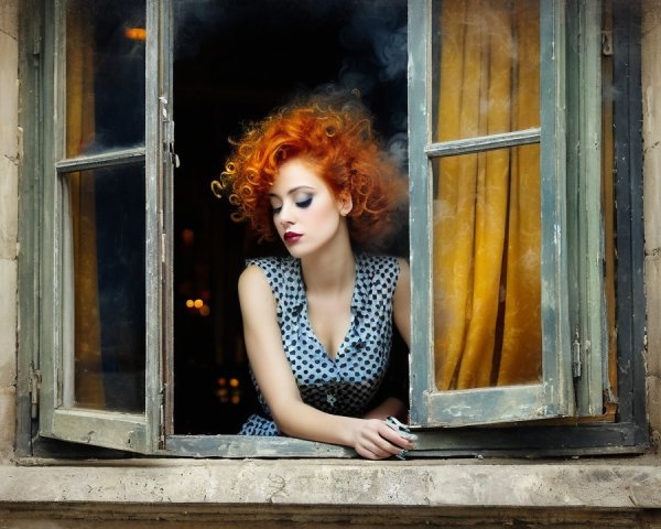 Woman with Curly Orange Hair by Rustic Window