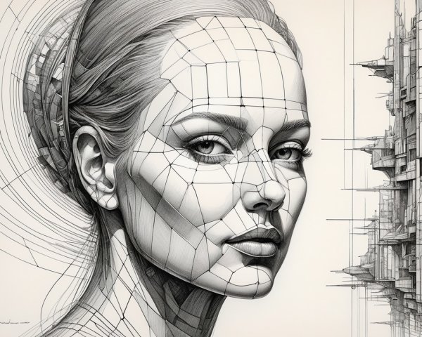 Geometric Wireframe Portrait with Futuristic Cityscape