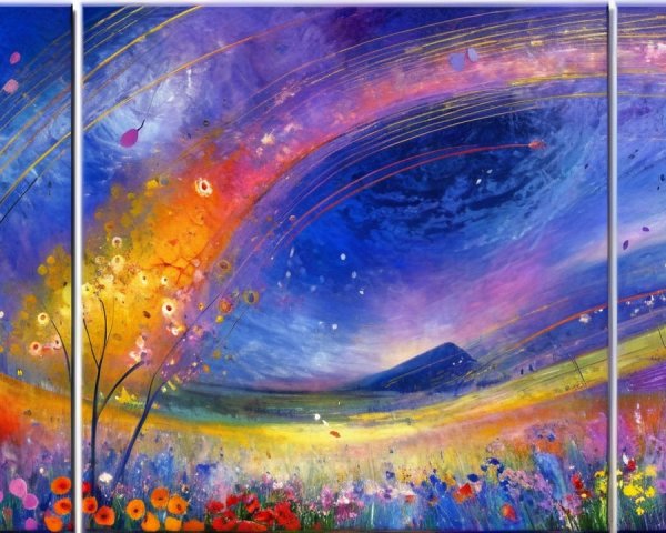 Vibrant Abstract Triptych with Dreamy Landscape Elements