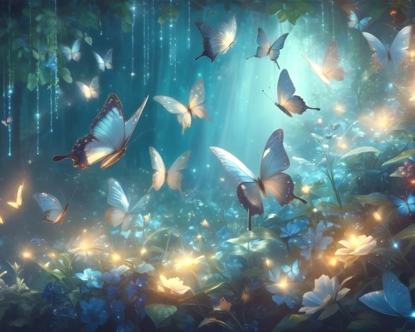 Magical Forest Scene with Ethereal Light and Butterflies