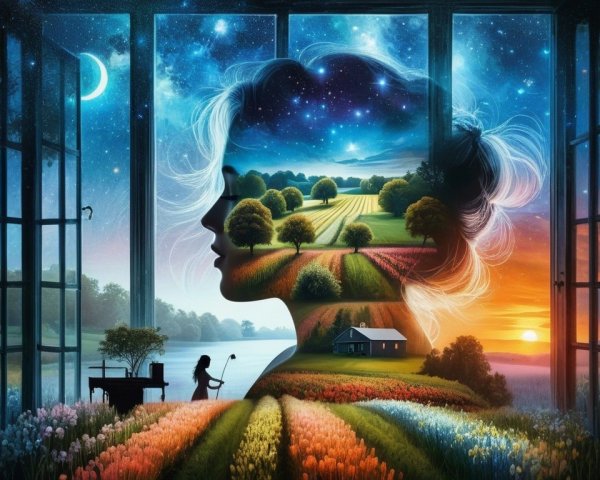 Surreal Landscape of Woman's Silhouette and Nature