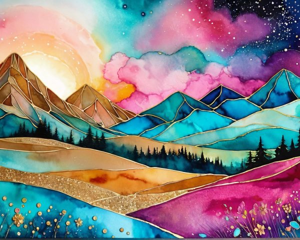 Vibrant Landscape with Majestic Mountains and Sunset Sky