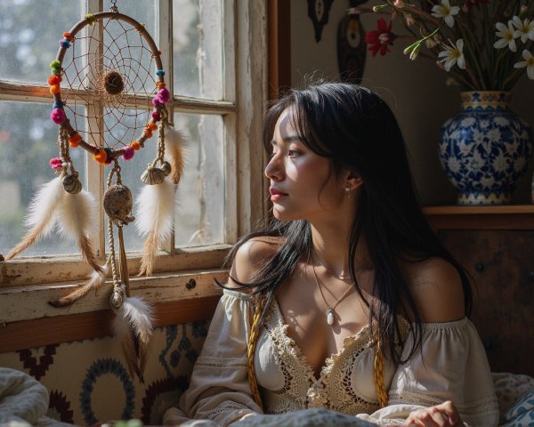 Thoughtful Young Woman by Window with Dreamcatcher