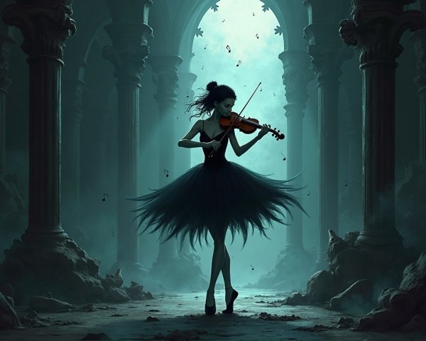 Mysterious Figure Playing Violin in Ancient Archway