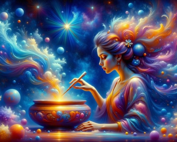 Mystical Woman with Cauldron in Celestial Setting