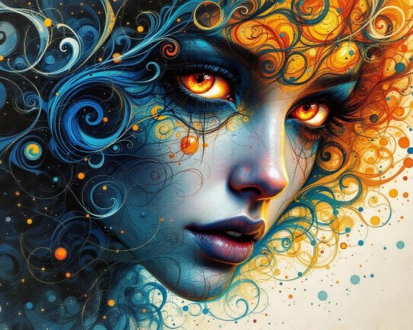 Portrait of a woman with blue and orange hair patterns