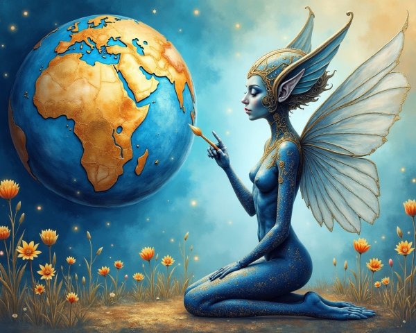 Mystical Fairy with Wings Pointing to Earth and Flowers