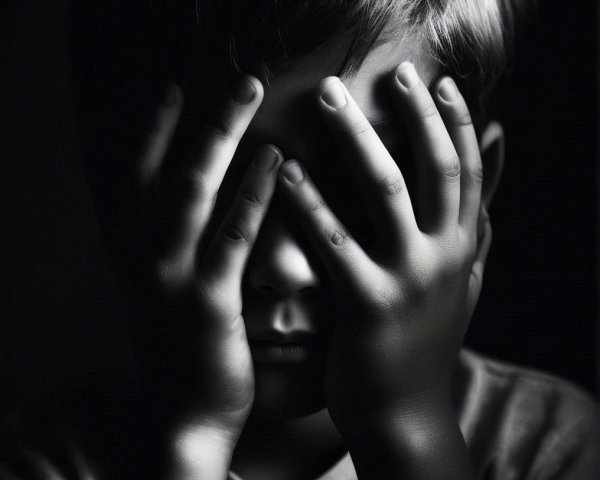 Young boy in dim light expressing sadness and vulnerability