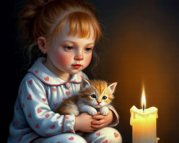 Young girl with kitten in cozy candlelit room