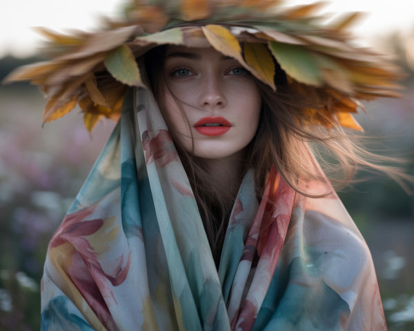 Serene Woman in Blooming Field with Colorful Hat