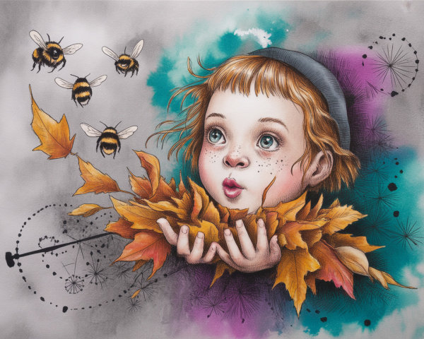 Whimsical Illustration of a Girl with Autumn Leaves