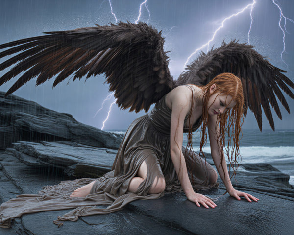 Solitary Figure with Black Wings on Rocky Shoreline