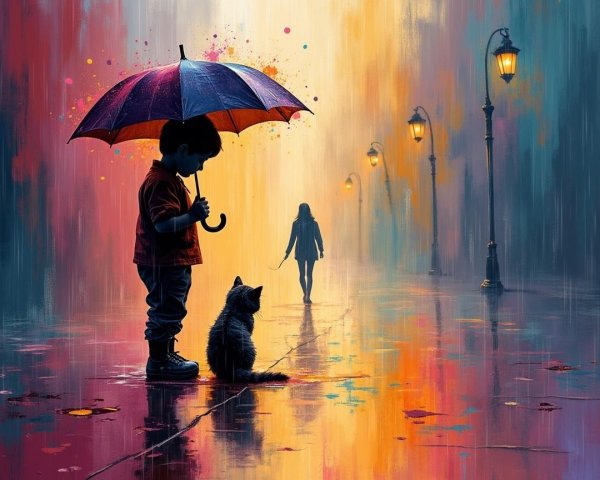 Child with cat under red umbrella on colorful street