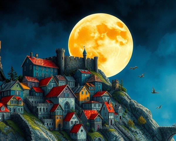 Whimsical Village on Hill Under Glowing Moonlight