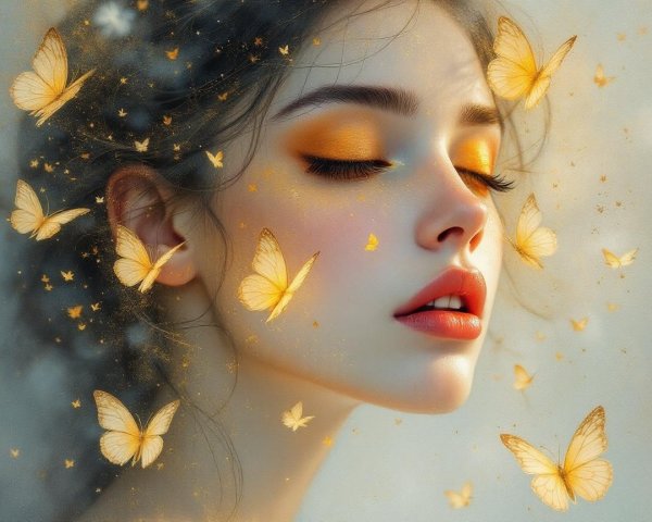 Close-Up Portrait of a Young Woman with Butterflies