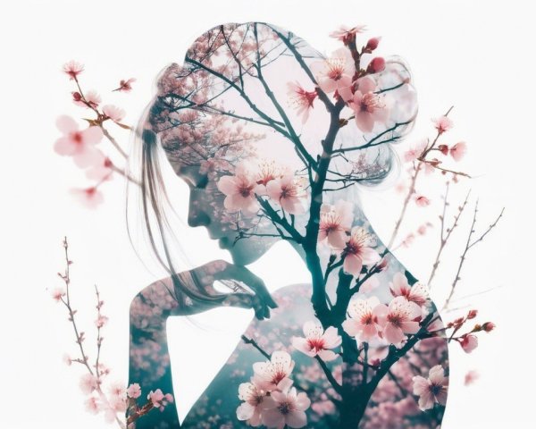 Silhouette of a Woman with Cherry Blossom Background