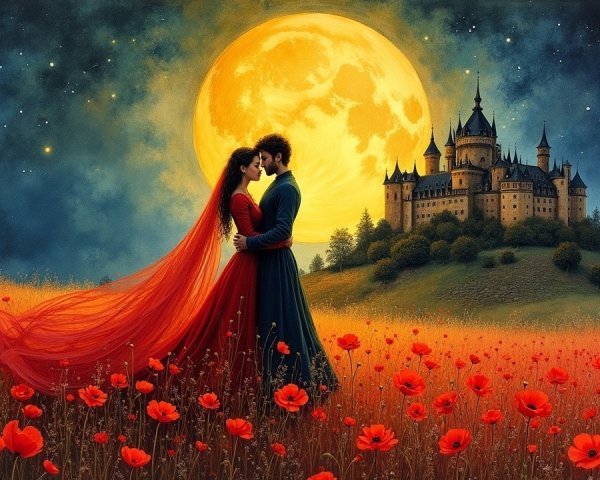 Romantic Moonlit Embrace in a Poppy Field