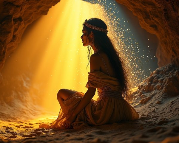 Silhouette of a Woman in a Dimly Lit Cave