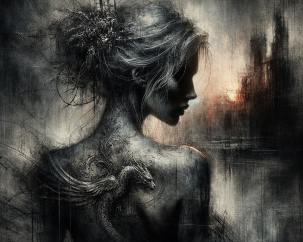 Silhouette of a Woman with Intricate Tattoos and Glow