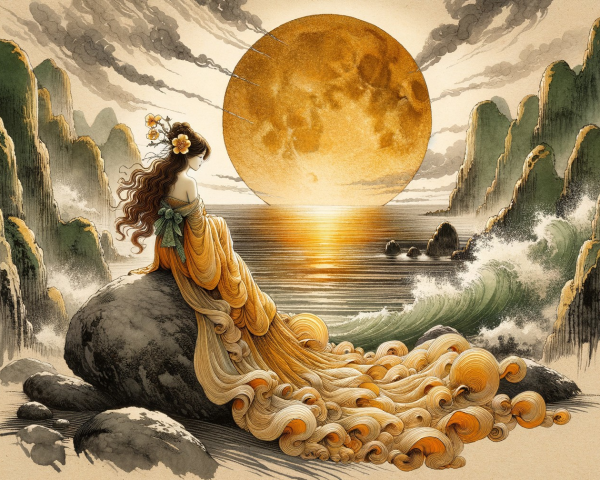 Serene figure on rock with sunset over ocean