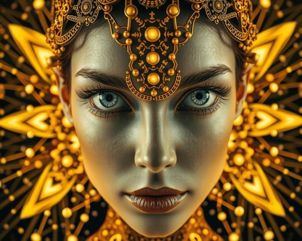 Close-Up of Woman's Face with Golden Jewelry and Designs