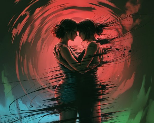 Surreal Embrace of Figures in Abstract Color Patterns