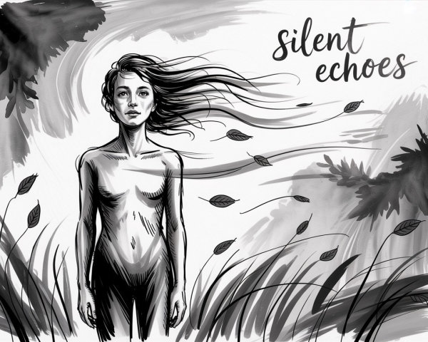 Monochromatic Illustration of a Serene Woman in Nature