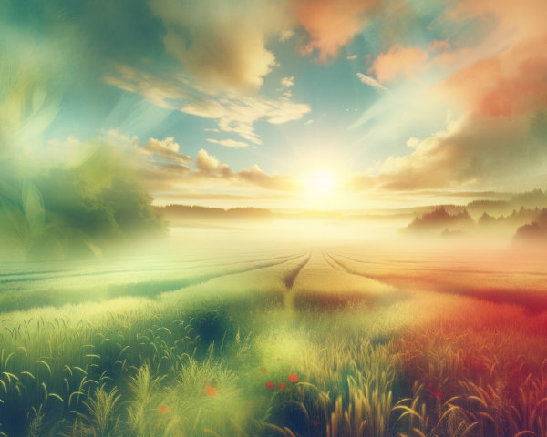 Serene Sunrise Landscape with Rolling Fields and Trees