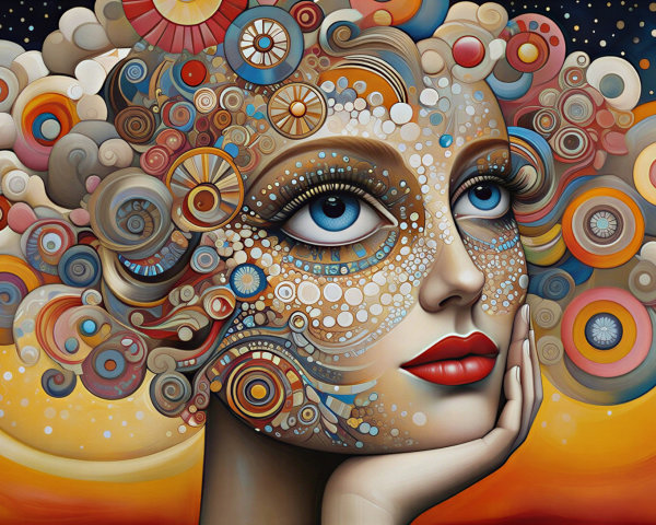 Portrait of a woman with colorful, patterned hairstyle